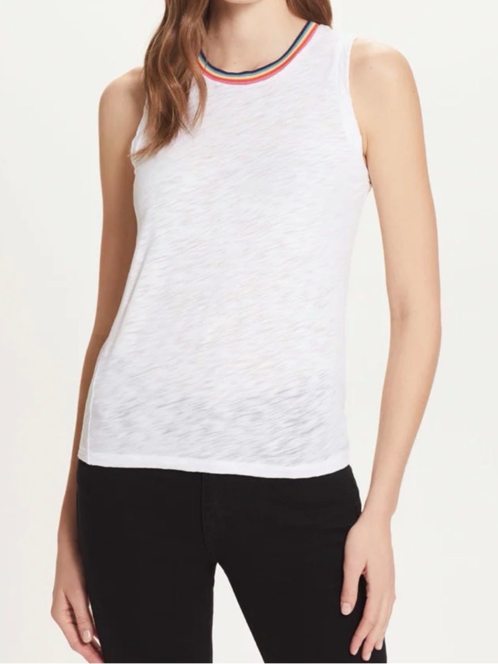Goldie White Tank with Rainbow Neck Trim